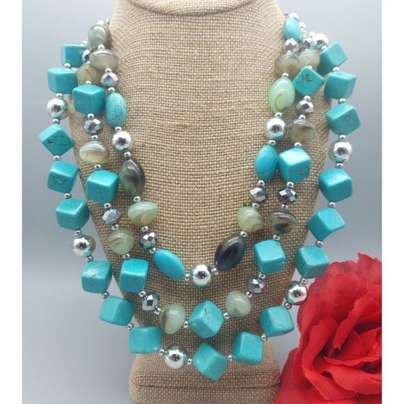 Silver Tone Faux Turquoise Statement Necklace Multi Strand Beaded Collar 21" - Picture 2 of 11